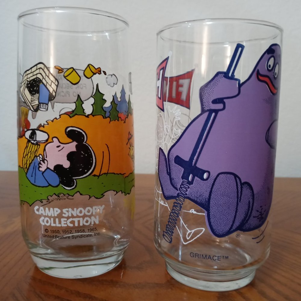 McDonald's Glasses Peanuts and Grimace Rare 1977